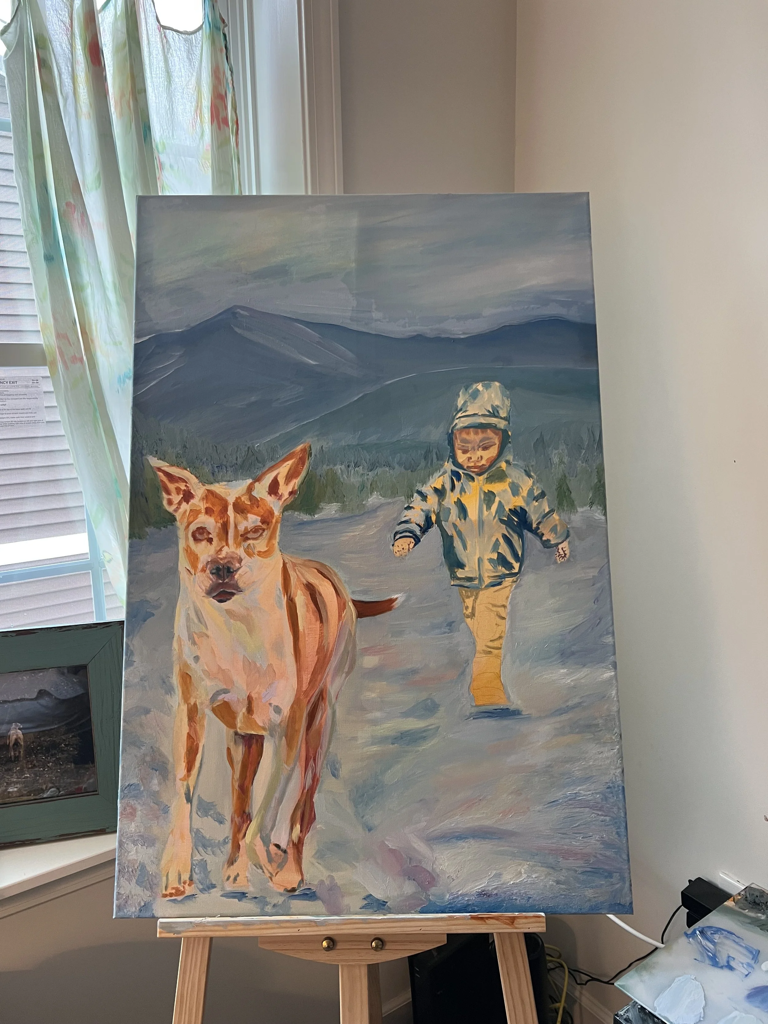 A colorful painting of a child in winter clothing walking with a dog on a snow-covered path with mountains in the background.