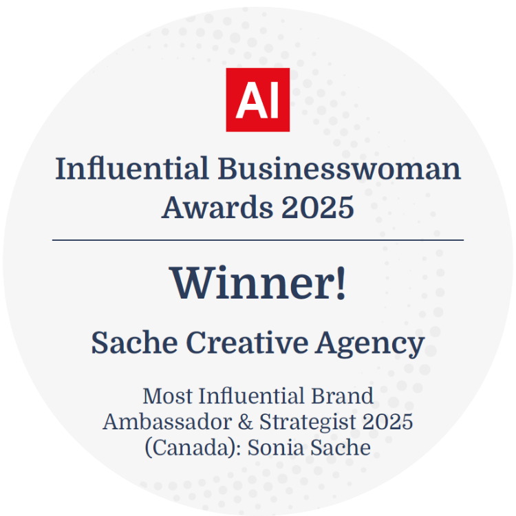 Award badge for AI Influential Businesswoman Awards 2025, winner Sache Creative Agency, most influential brand ambassador and strategist 2025 in Canada, Sonia Sache.