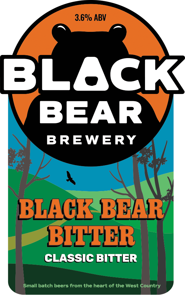 Black Bear Bitter pump clip art featuring the Black Bear Brewery bear logo with green hills in the background