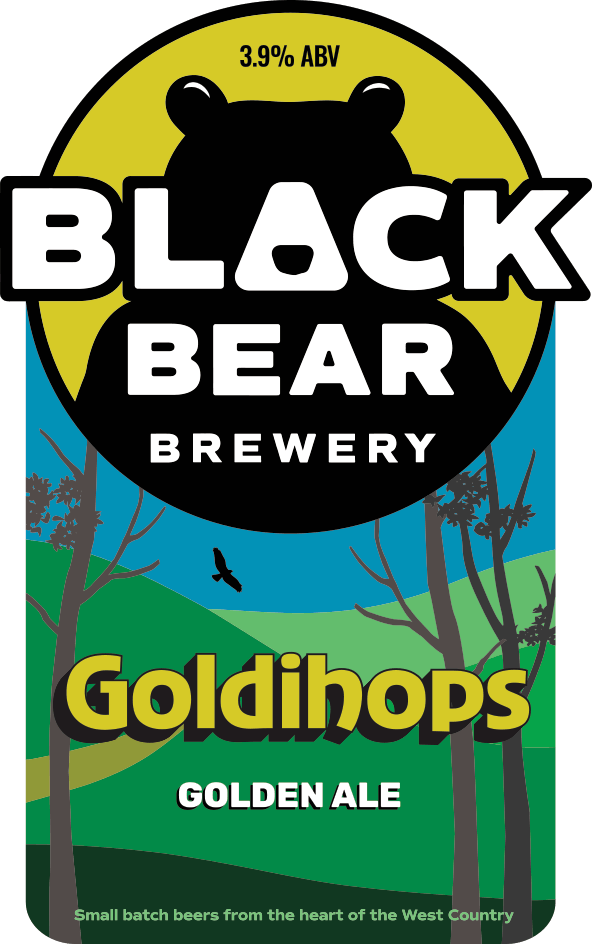 Goldihops pump clip art featuring the Black Bear Brewery bear logo with green hills in the background