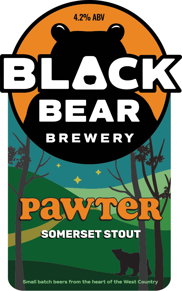 Pawter pump clip art featuring the Black Bear Brewery bear logo with green hills in the background