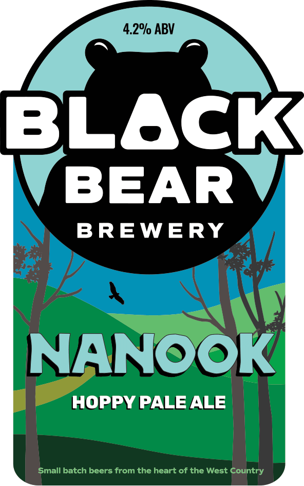 Nanook pump clip art featuring the Black Bear Brewery bear logo with green hills in the background
