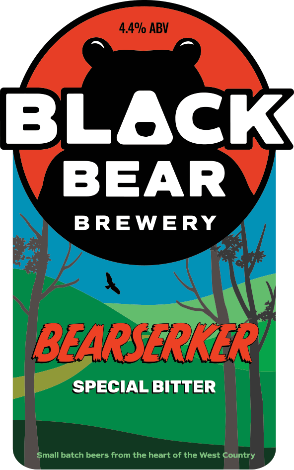 Bearserker pump clip art featuring the Black Bear Brewery bear logo with green hills in the background