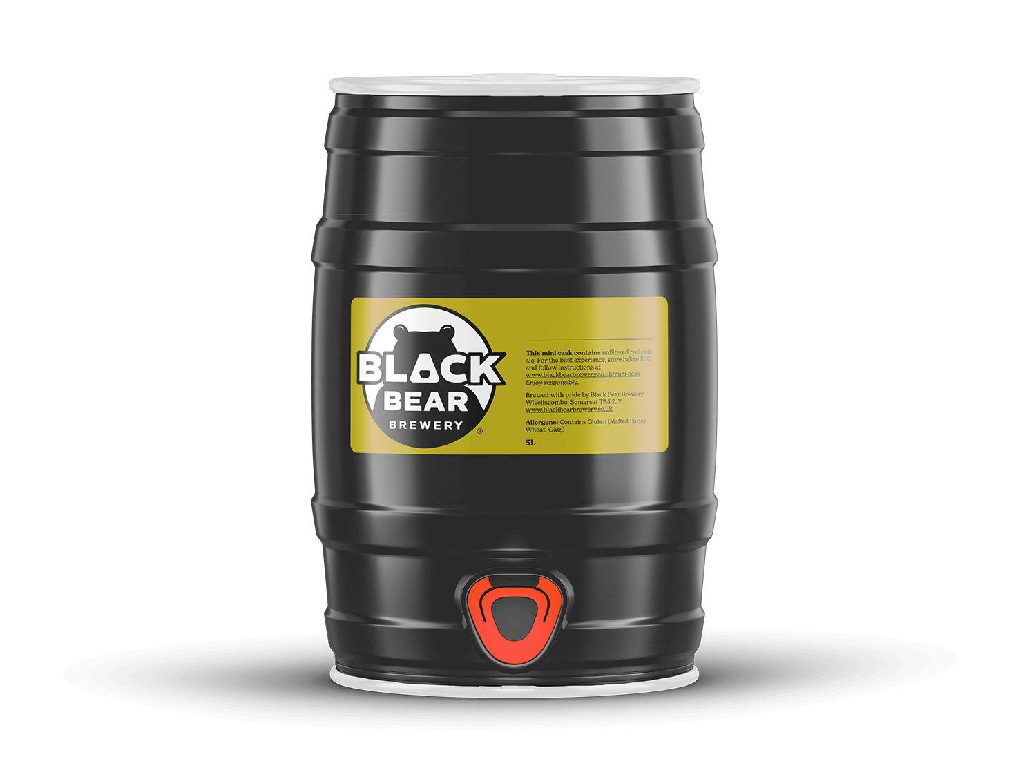A black beer keg with a yellow label from Black Bear Brewery, featuring a bear logo, and a red spout at the bottom