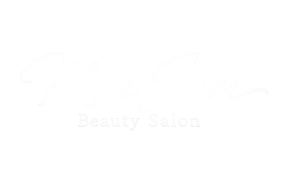 Logo for Mou Jam Beauty Salon in white cursive and serif font on a black background.
