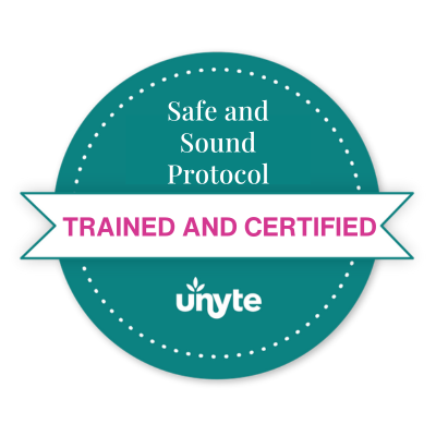 Teal circular badge with white dotted border, featuring text that reads 'Safe and Sound Protocol' at the top, a pink banner with 'TRAINED AND CERTIFIED' in purple, and the 'unyté' logo at the bottom.