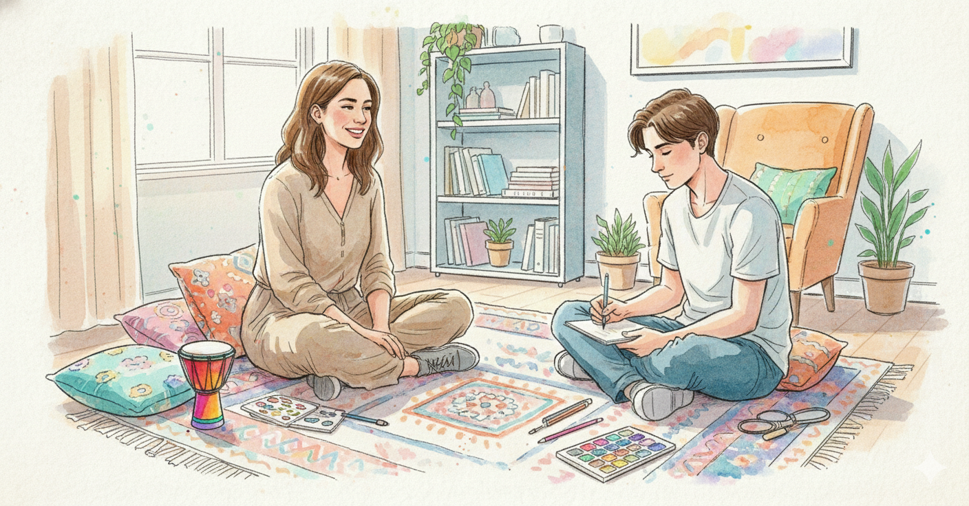A young woman and young man sitting on the floor in a cozy living room, engaging in creative activities. The woman is cross-legged with a pillow behind her, smiling at the man, who is drawing or writing with a pen on a notebook. Art supplies like watercolors, brushes, and a paint palette are scattered around. The room has a bookshelf, potted plants, a window, and an armchair, all decorated with colorful cushions and rugs.