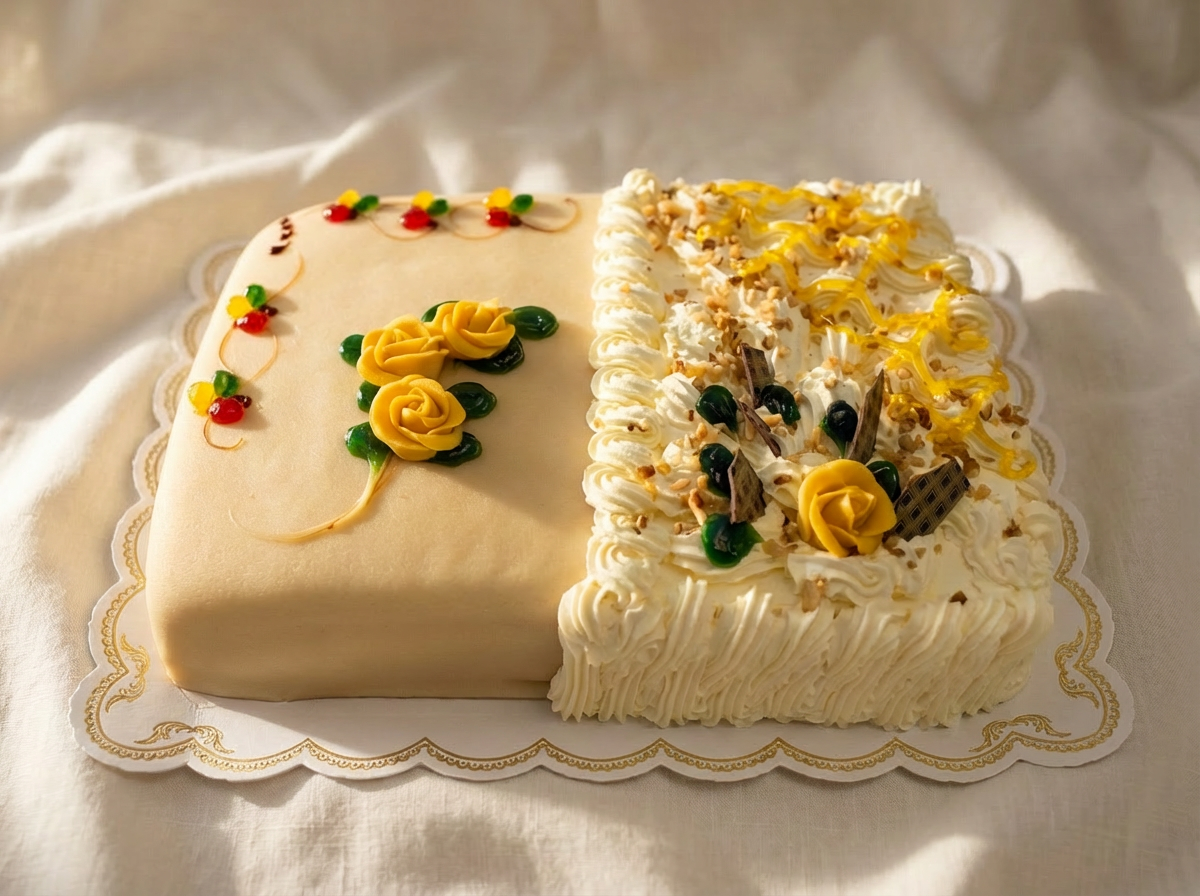 To lag av kake side om side på en pyntet bord med hvit duk, dekorert med krem, sjokolade og små blomsterformede dekorasjoner.