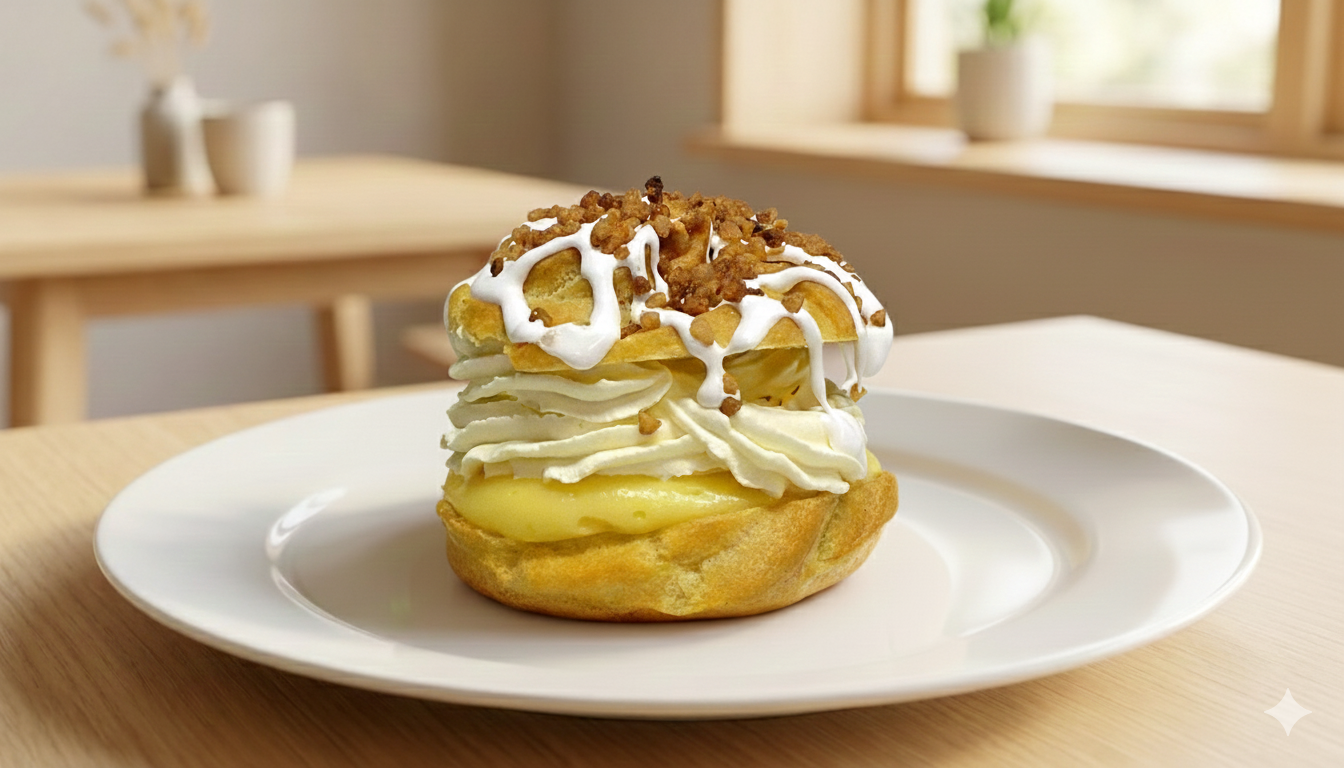 En kremet dessert med pisket krem, krønsj og vaniljekrem på en hvit tallerken.