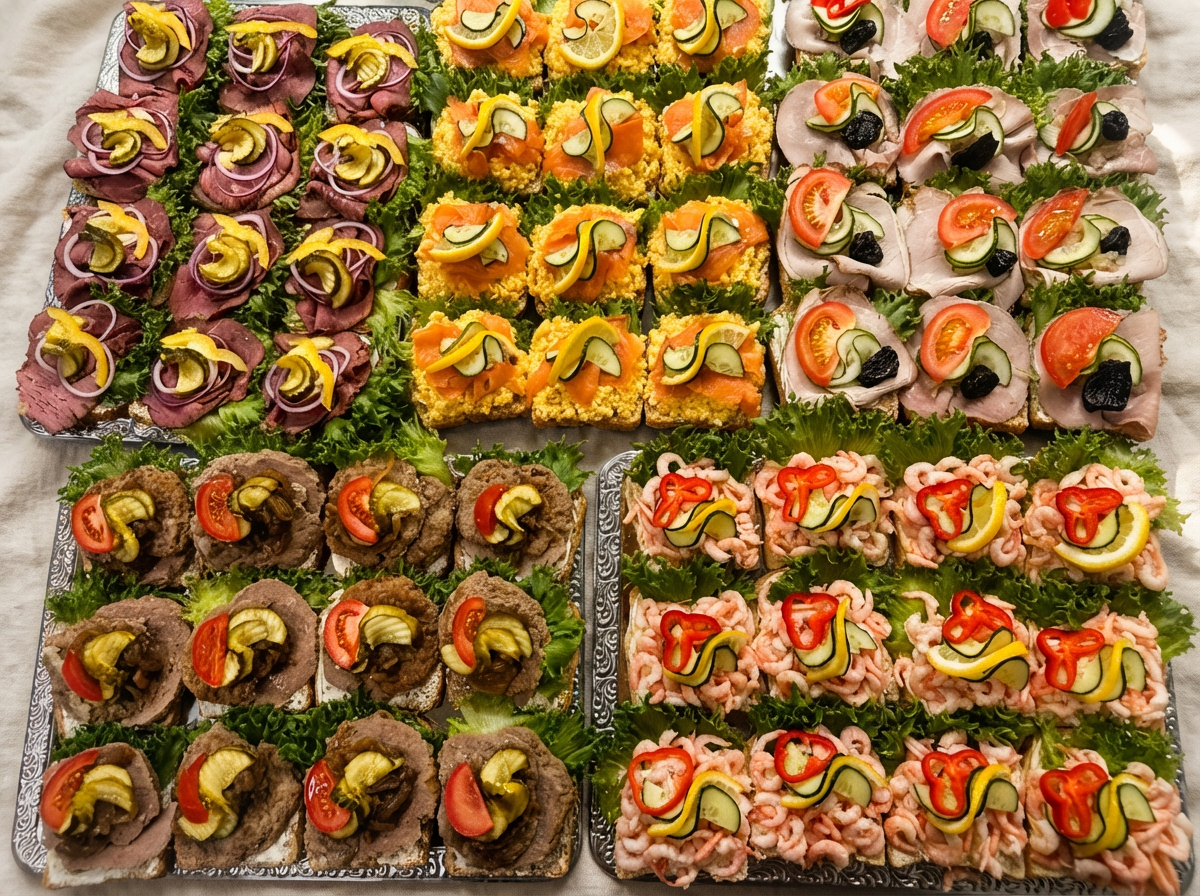 Et utvalg av små smørbrød med ulike pålegg, dekorert med grønnsaker som agurk, tomat, paprika, løk, samt oliven, servert på serveringsfat med grønt garn.