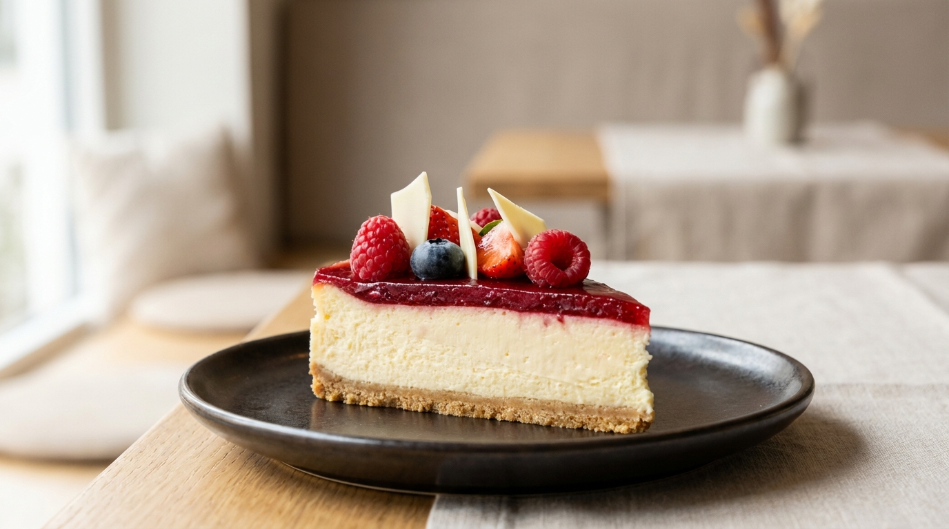 En stykk ostekake med bær og hvite sjokoladestykker på toppen, plassert på en svart tallerken.