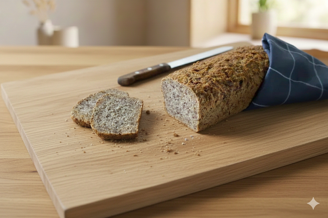 Skåret brød på tre stykker foran en kniv på et lyst trebord, med en brødpakke delvis åpen.