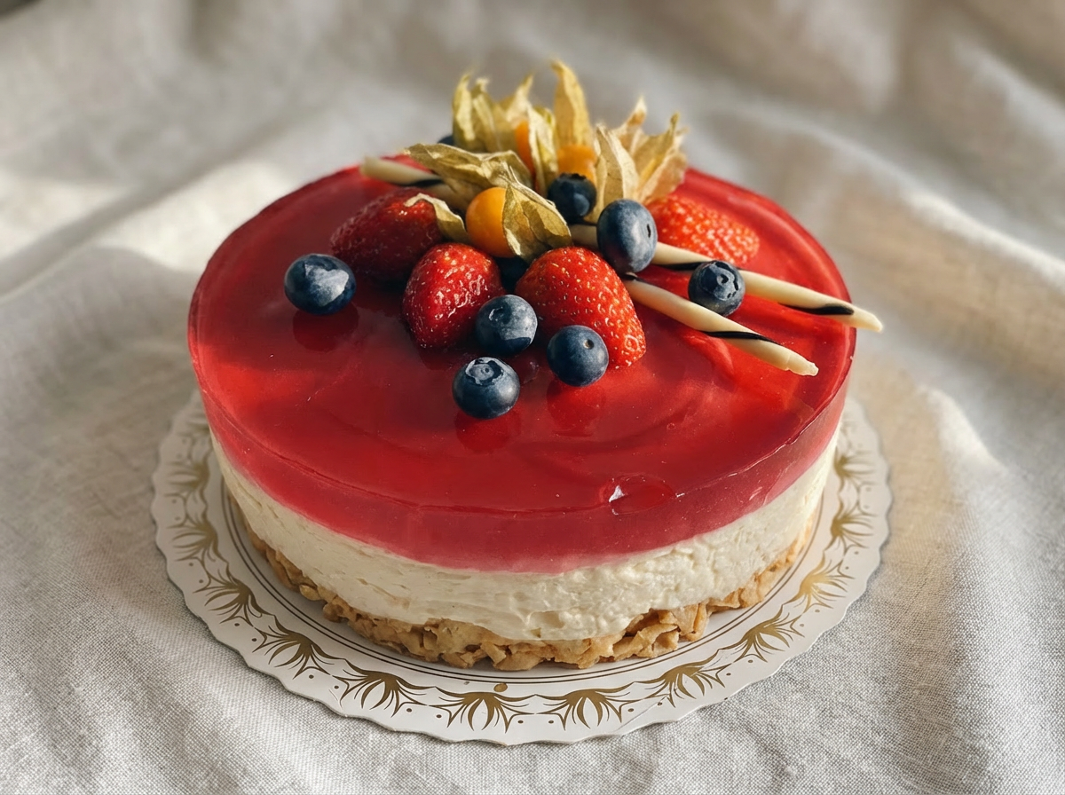 En rund ostekake med en rød gelatin top, pyntet med ferskener, jordbær, blåbær, og hvite sjokoladestykker, plassert på et dekorert papirplate.