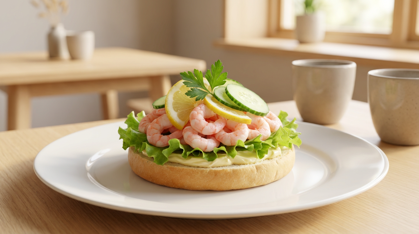 En åpen sandwich med rekeskiv og grønnsaker på et hvitt fat, på et lyst trebord foran et vindu med noen kopper i bakgrunnen.