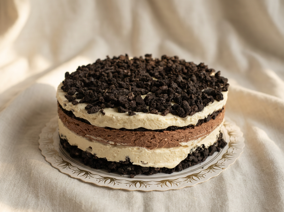 Sjokoladekake med krem og knuste kjeks på toppen.