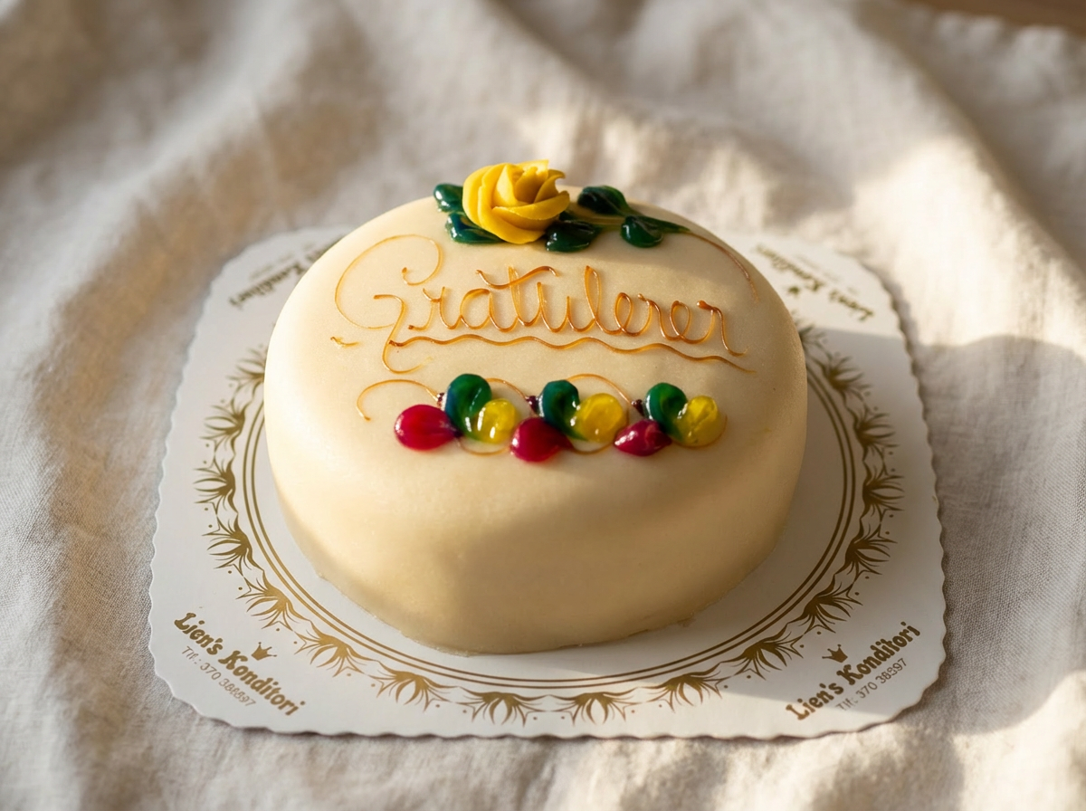 En rund hvit kake med dekorasjoner av en gul rosenblomst og små fargede kuler, med teksten 'Gratulerer' skrevet på toppen.