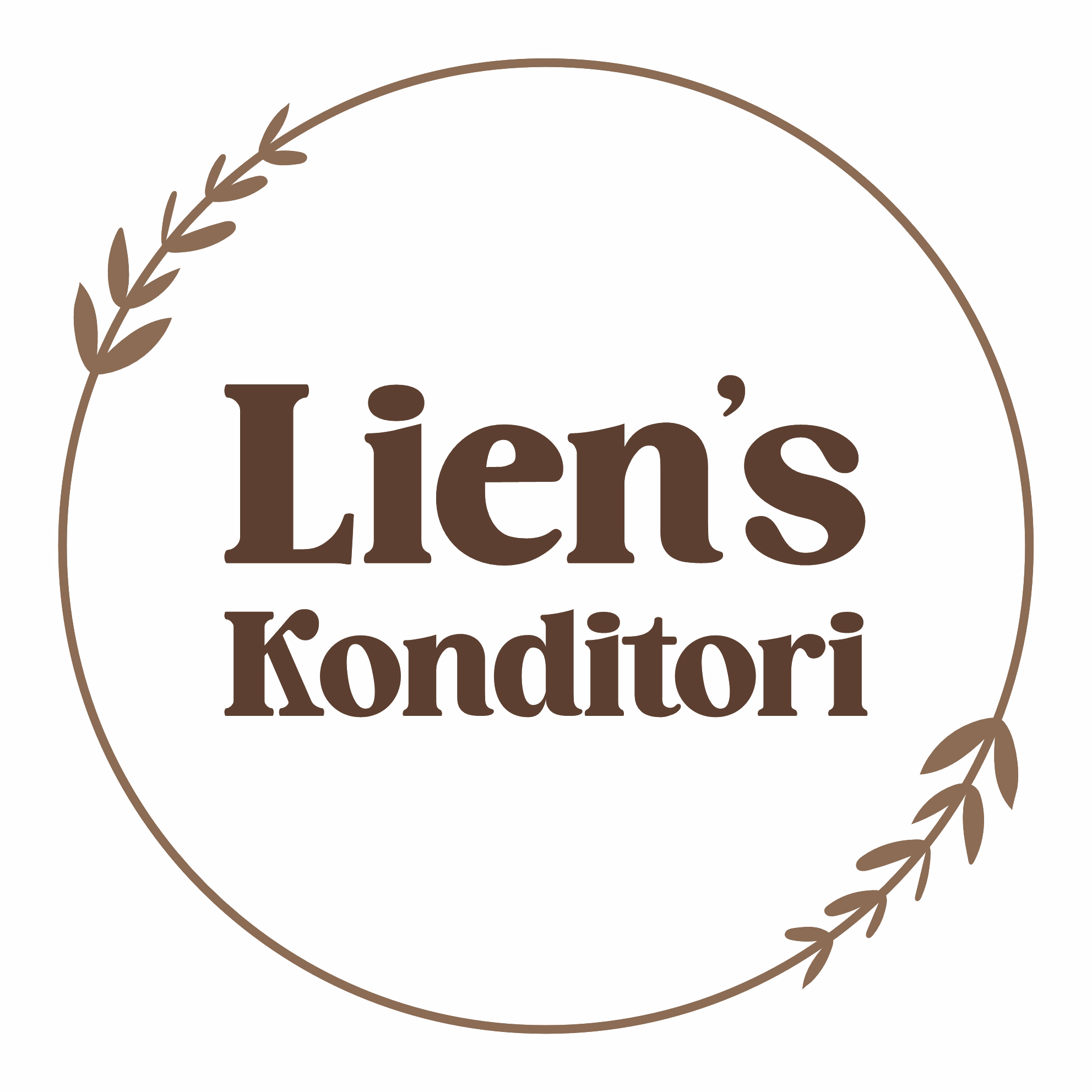 Logo for Liens Konditori with a beige background, brown text, and decorative brown leaves around a circle.