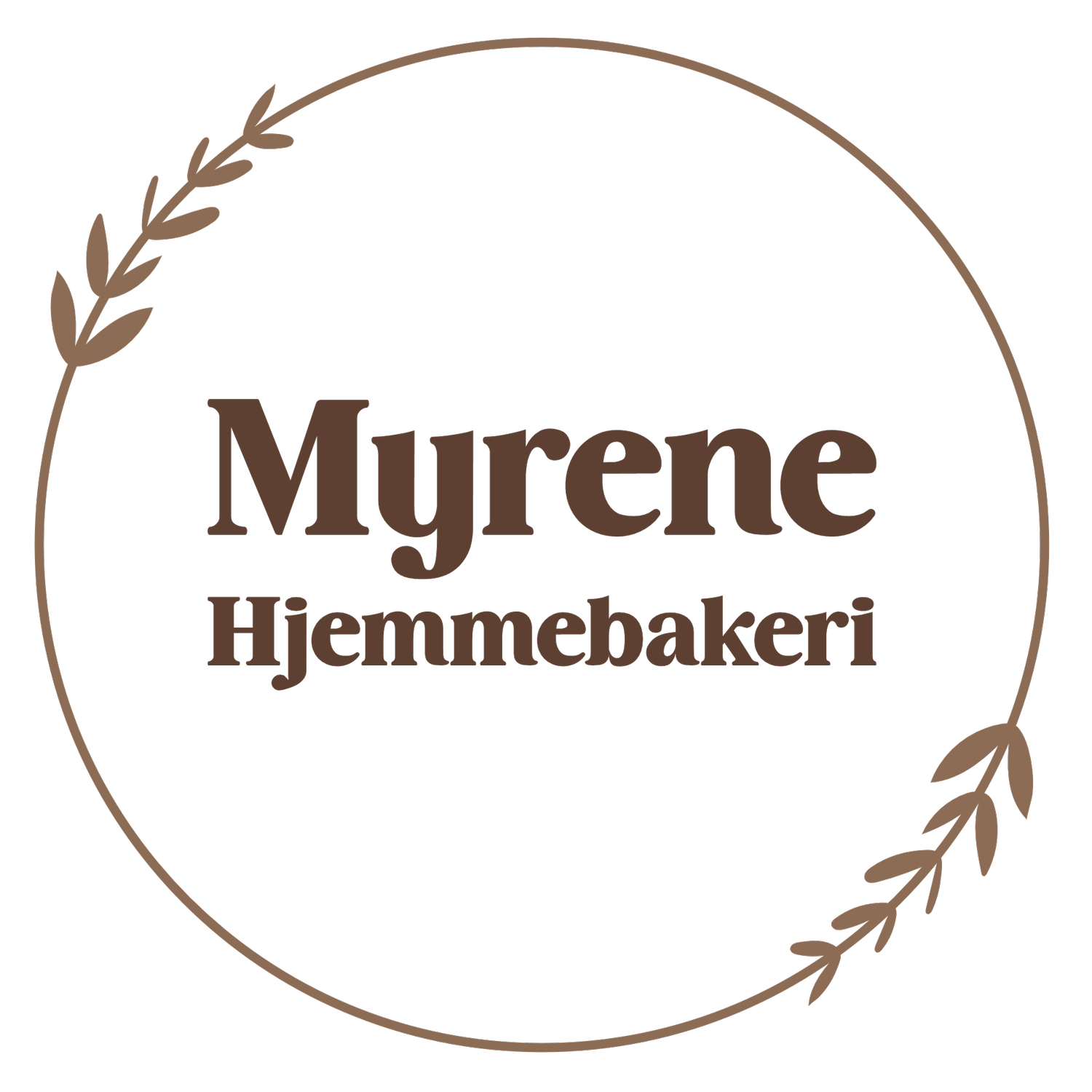 Logo for Myrene Hjemmebakeri med brun tekst og laurbærgrener på svart bakgrunn