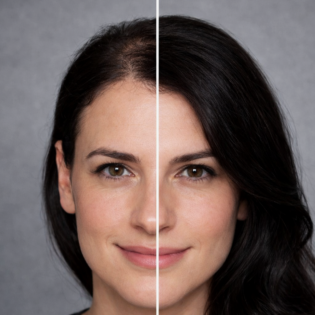 foto di una donna con metà del viso con capelli diradati, e l'altra metà con capelli infoltiti con la tricopigmentazione