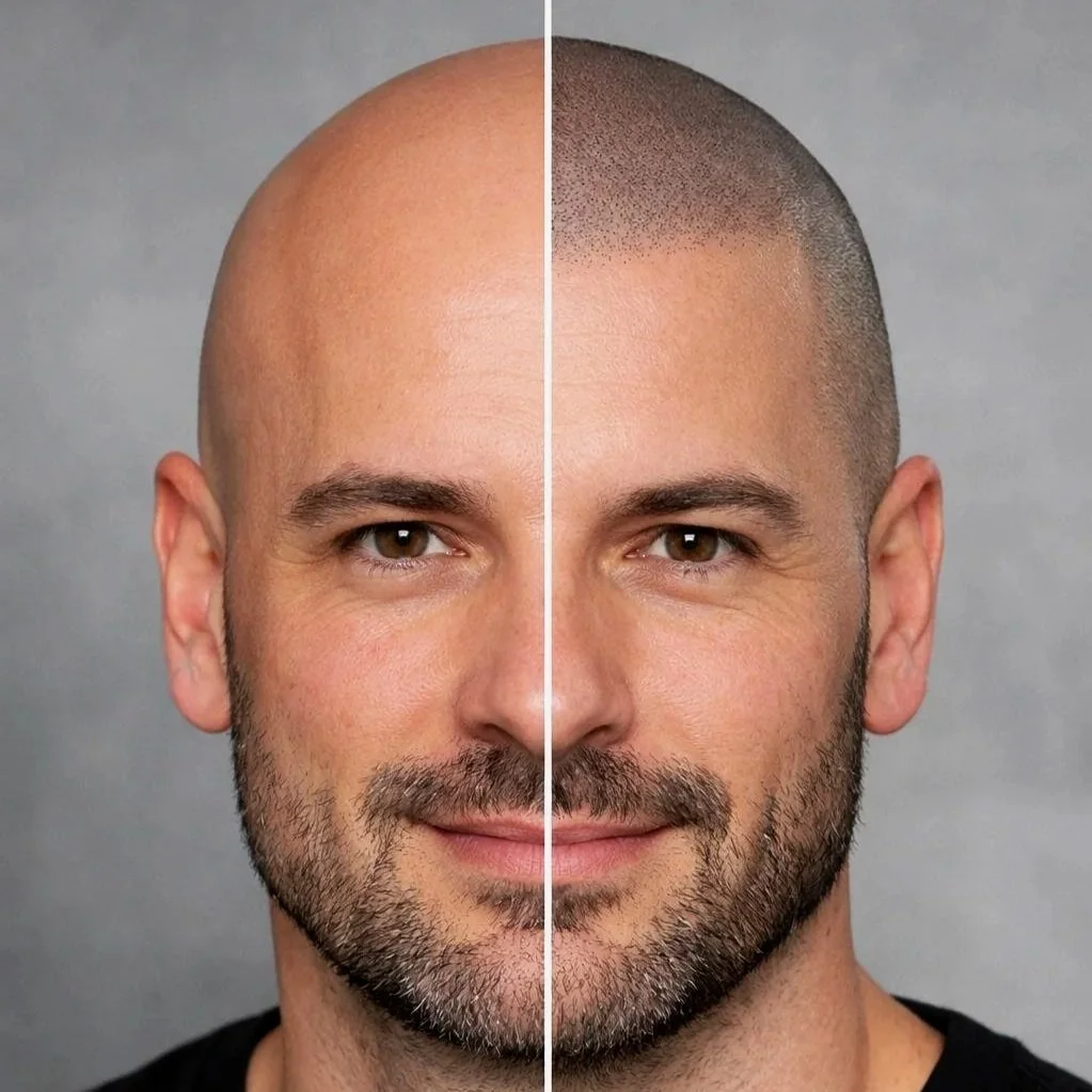 Immagine divisa in due parti che mostra un uomo con capelli calvi sulla sinistra e con capelli rasati sulla destra,
eseguito con la tricopigmentazione o tatuaggio capelli