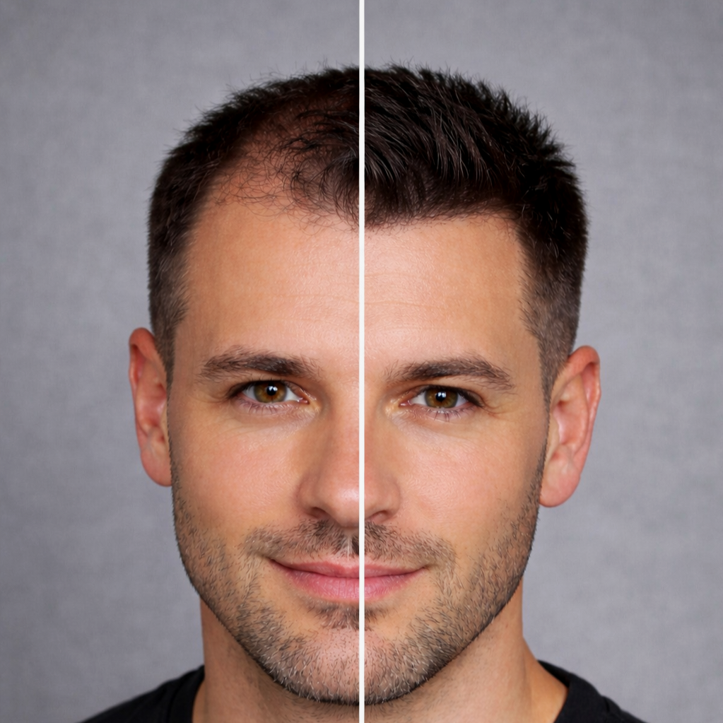 Foto di un uomo con metà viso capelli diradati e l'altra metà con i capelli più folti, mostra differenze tra due stili di cura dei capelli, infoltimento naturale con la tricopigmentazione.