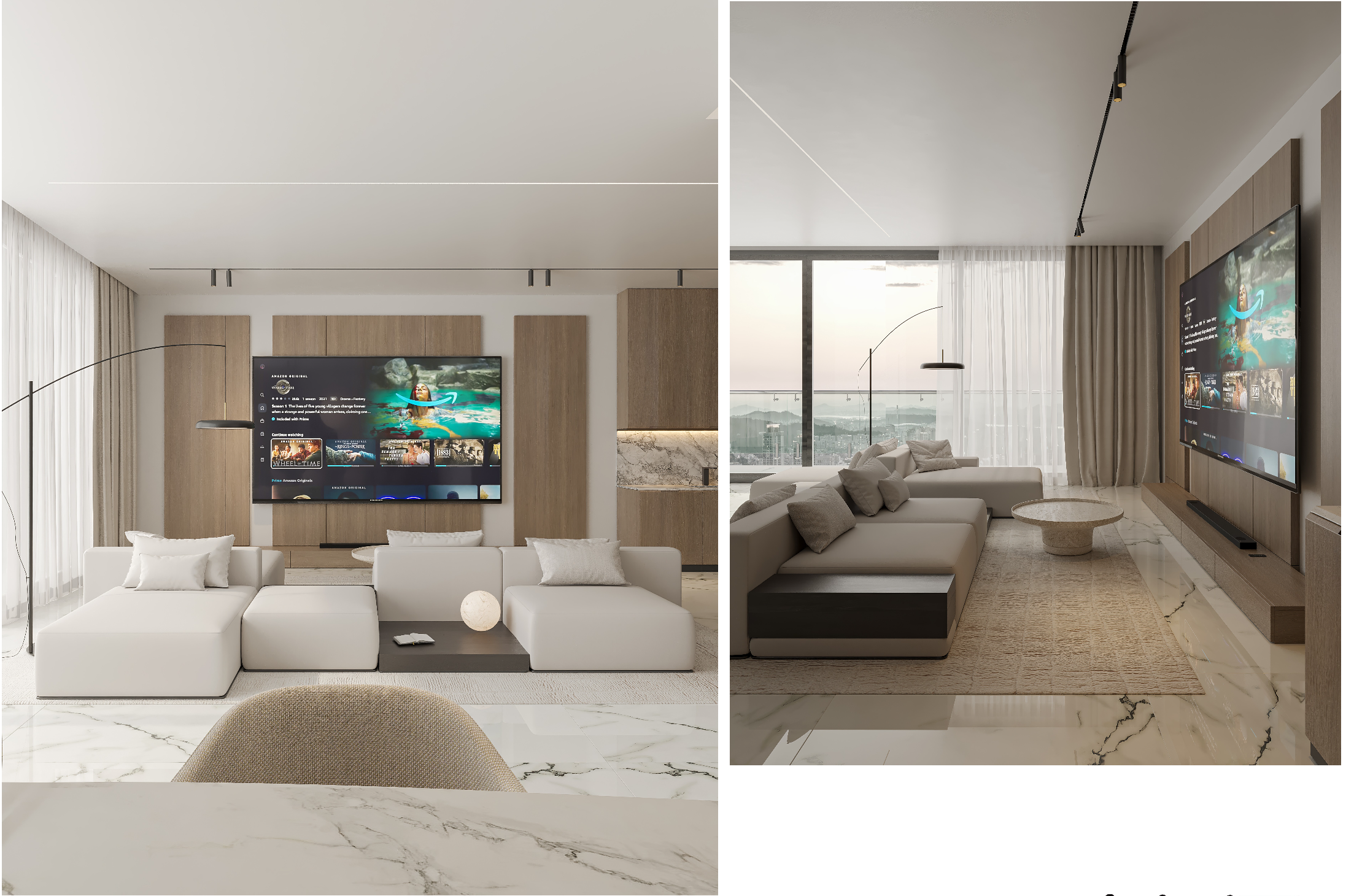 Salon moderne avec grande télévision à écran plat, canapé beige, rideaux blancs, vue panoramique sur la ville.