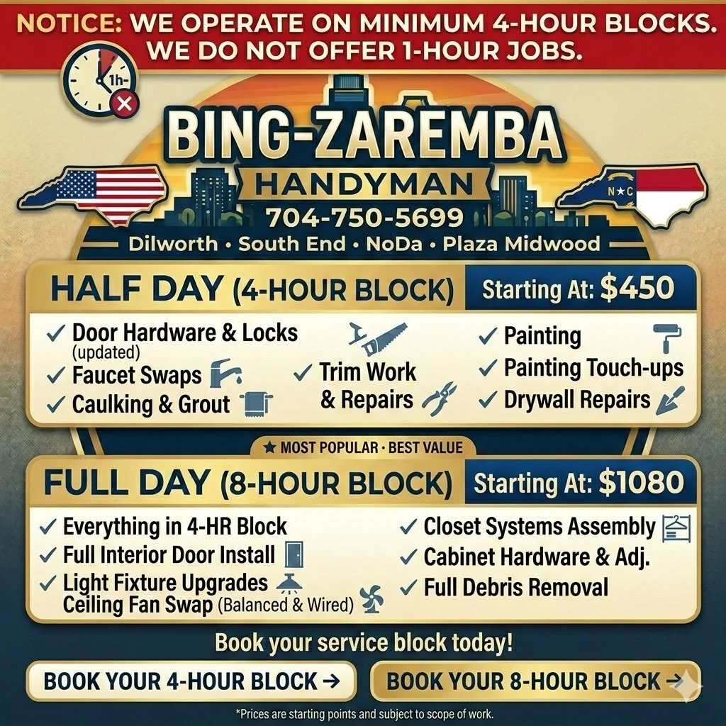 Tired of that "to-do" list that never seems to get shorter? Bing-Zaremba Handyman is officially taking the stress out of home maintenance with our professional 4-Hour and 8-Hour Service Blocks.
We don't just "show up"&mdash;we get