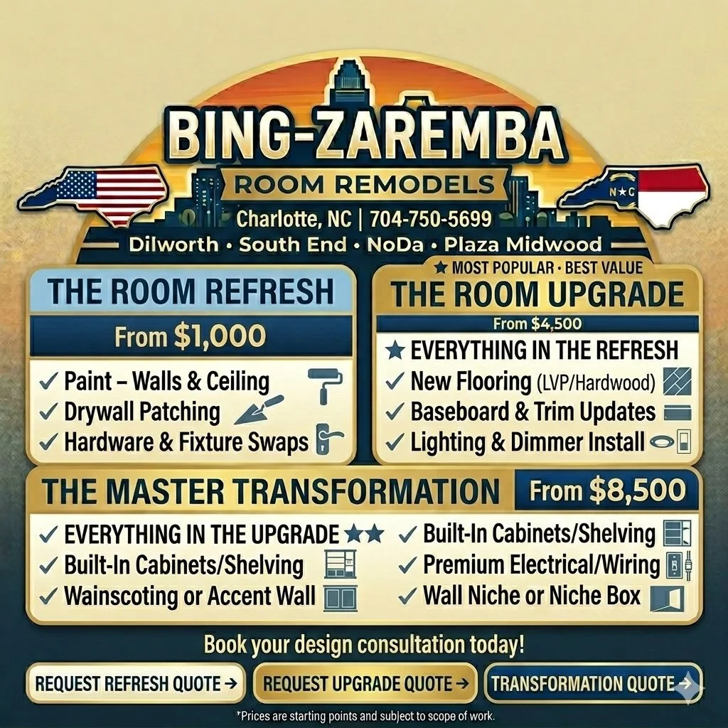 Stop dreaming about that Pinterest board and let Bing-Zaremba Construction build it. We&rsquo;ve tiered our room remodeling into three clear packages to fit your vision and your budget.
Choose Your Level:
&bull; THE REFRESH | Starts at $1,000
New pai