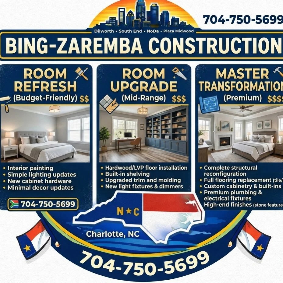 Your dream home, your way. ✨ Whether you're looking for a mid-range Room Upgrade or a total Master Transformation, Bing-Zaremba Construction delivers quality you can see.  #charlotterealtors #charlotte #pineville #huntersville #matthews