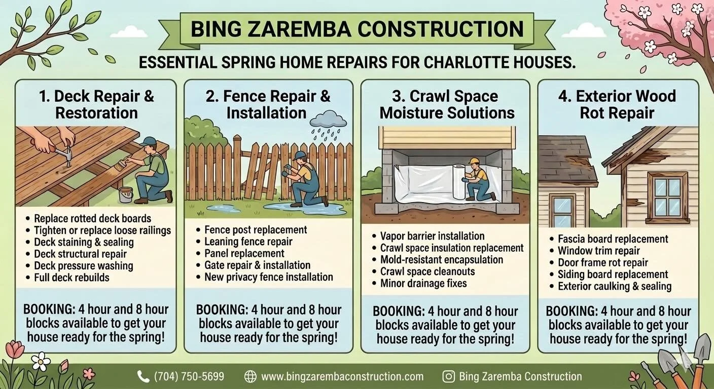 🛠️ Is Your Charlotte Home Ready for Spring? 🌸
Spring in the Queen City brings more than just blooming azaleas&mdash;it brings heavy rains, rising humidity, and the perfect conditions for wood rot and mold. At Bing Zaremba Construction, we see the s