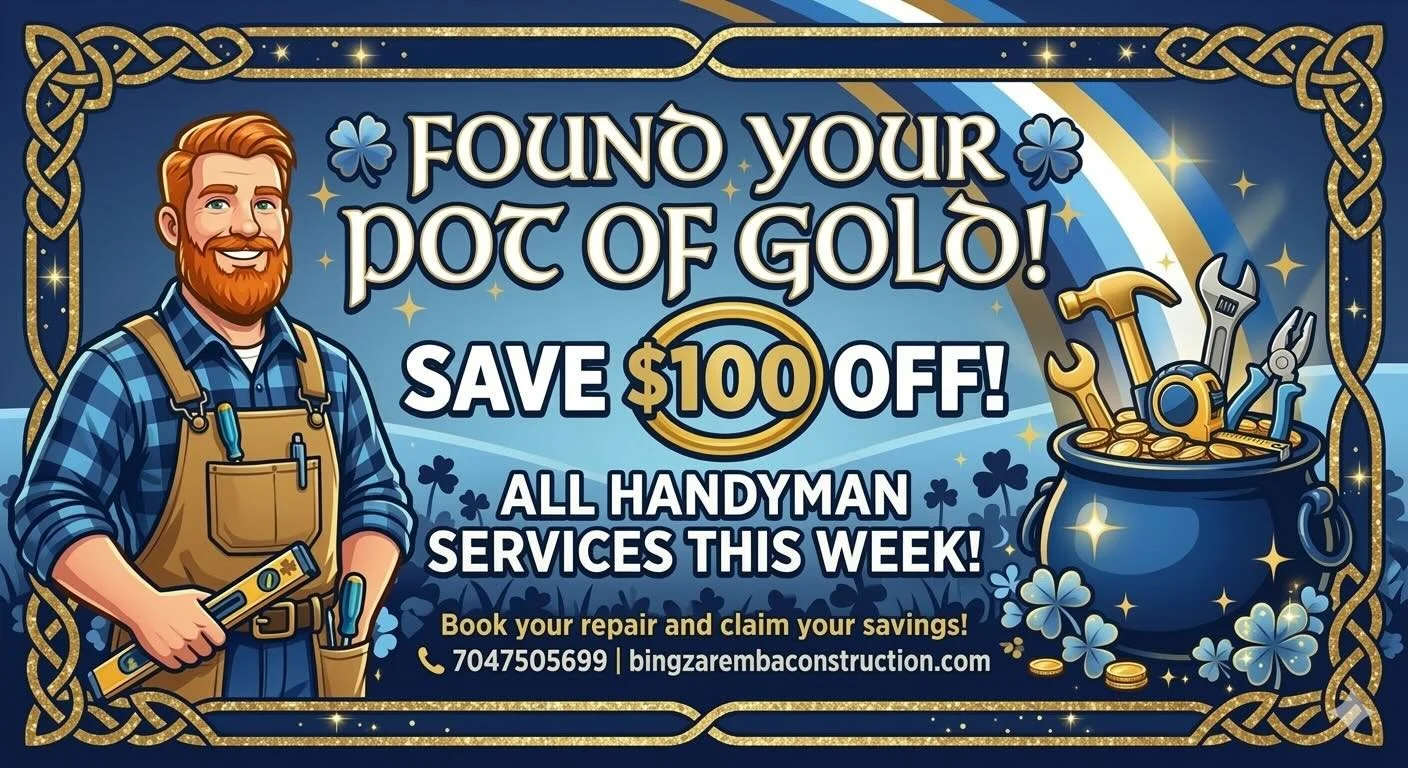 Don&rsquo;t let a broken door or a leaky faucet ruin your St. Paddy&rsquo;s Day. At Bing Zaremba Construction, we&rsquo;re skipping the green and going straight for the GOLD!
💰 LUCKY DEAL: Get $100 OFF any handyman service booked this week!
Whether 