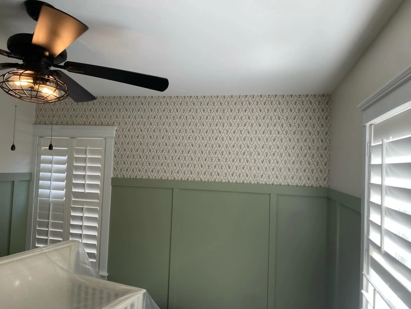 Today's job - installing wallpaper (first time!) and board and batten in green and off white walls, plus a custom butcher block countertop over the washer and dryer.