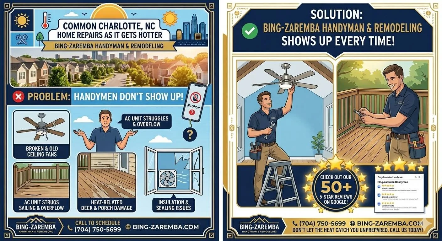 Don't let the heat catch you unprepared! 🌡️ Blue skies in Charlotte mean it&rsquo;s time to get your home summer-ready.
While other guys are "no-shows," Bing-Zaremba Handyman &amp; Remodeling shows up every time. Guaranteed.
🌟 50+ 5-Star 