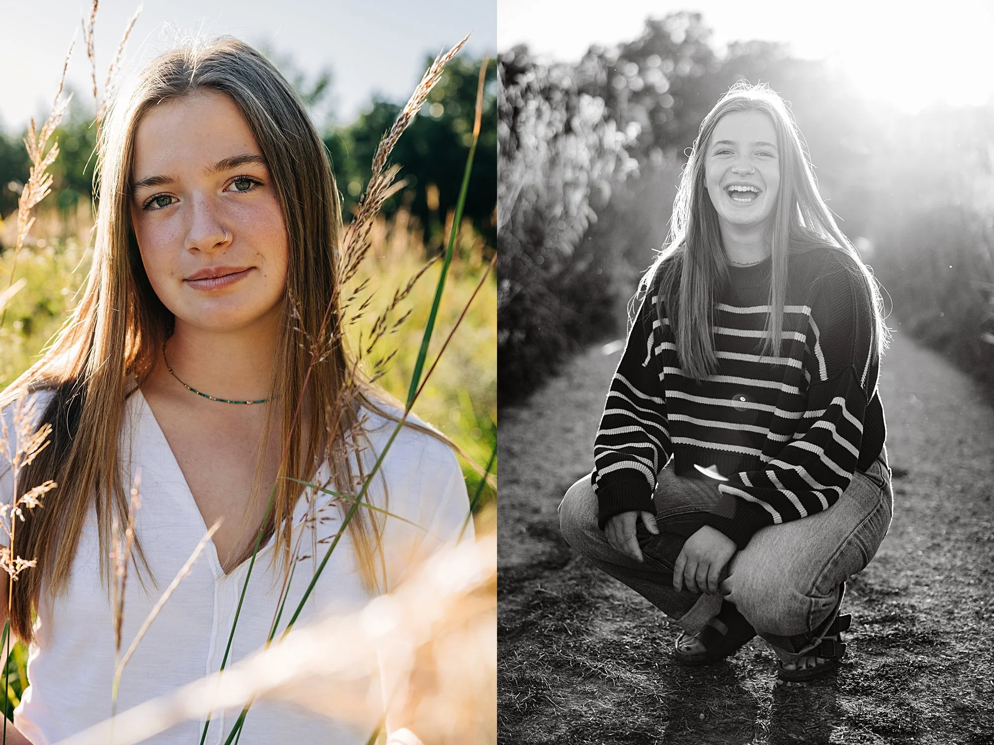 A young woman with long brown hair and a nose ring, wearing a white shirt and a beaded necklace, standing outdoors among tall grasses in a field with trees in the background; next to her, a black-and-white photo of the same woman, smiling and squatti