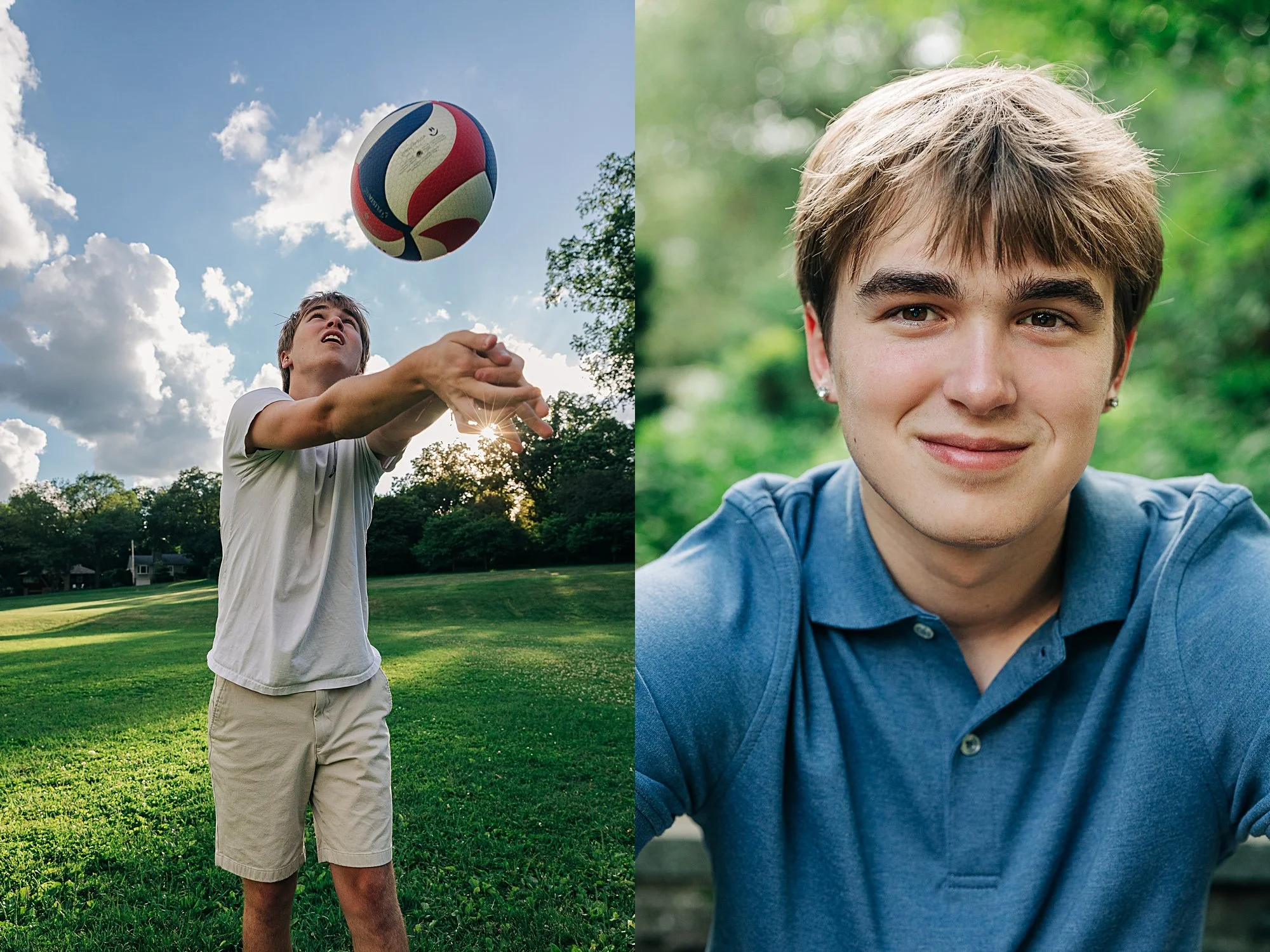 A young person playing volleyball outdoors on a grassy field with a blue sky and clouds, and a close-up portrait of another young person with brown hair and wearing a blue shirt, smiling with a green background.