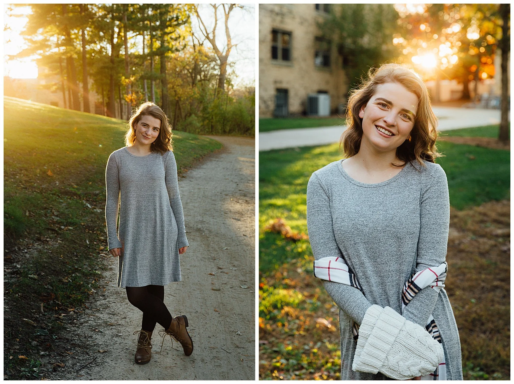A portrait of a young woman in a light gray long-sleeve dress, black tights, and brown boots, standing on a dirt path in a park during sunset on the left. On the right, a close-up of her smiling face, holding a cream-colored scarf, with sunlight filt