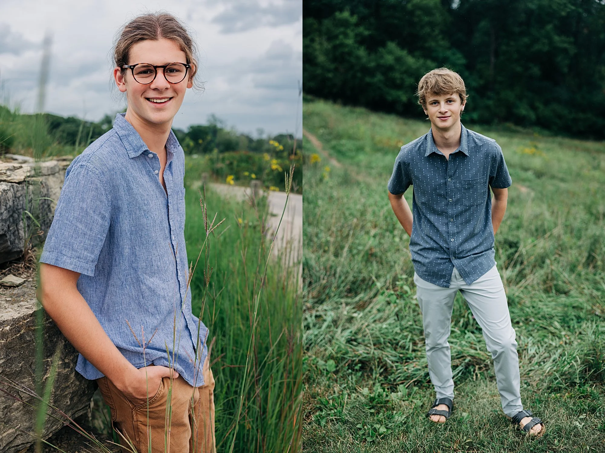 Side-by-side portraits of two young men outdoors. The man on the left is smiling, wearing glasses and a blue short-sleeved shirt, standing against a grassy background with cloudy sky. The man on the right is posing with hands behind his back, wearing