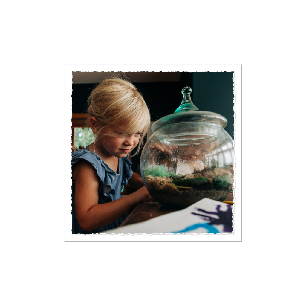 A young girl with blonde hair in a ponytail observing a glass terrarium with moss and small plants inside.