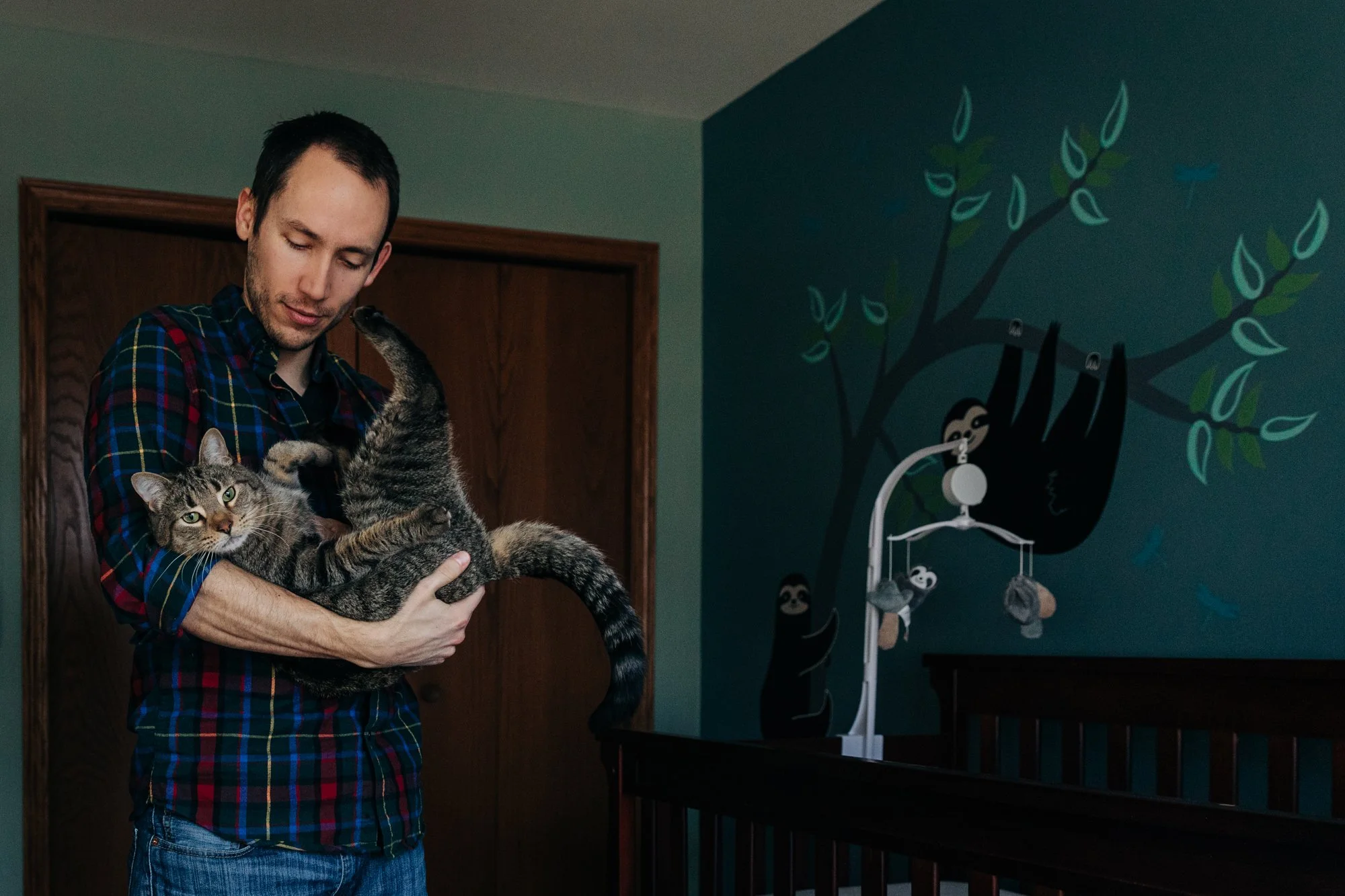 A man holding a tabby cat in a room with a teal wall decorated with a painted black tree and hanging sleeping socks, next to a white crib.