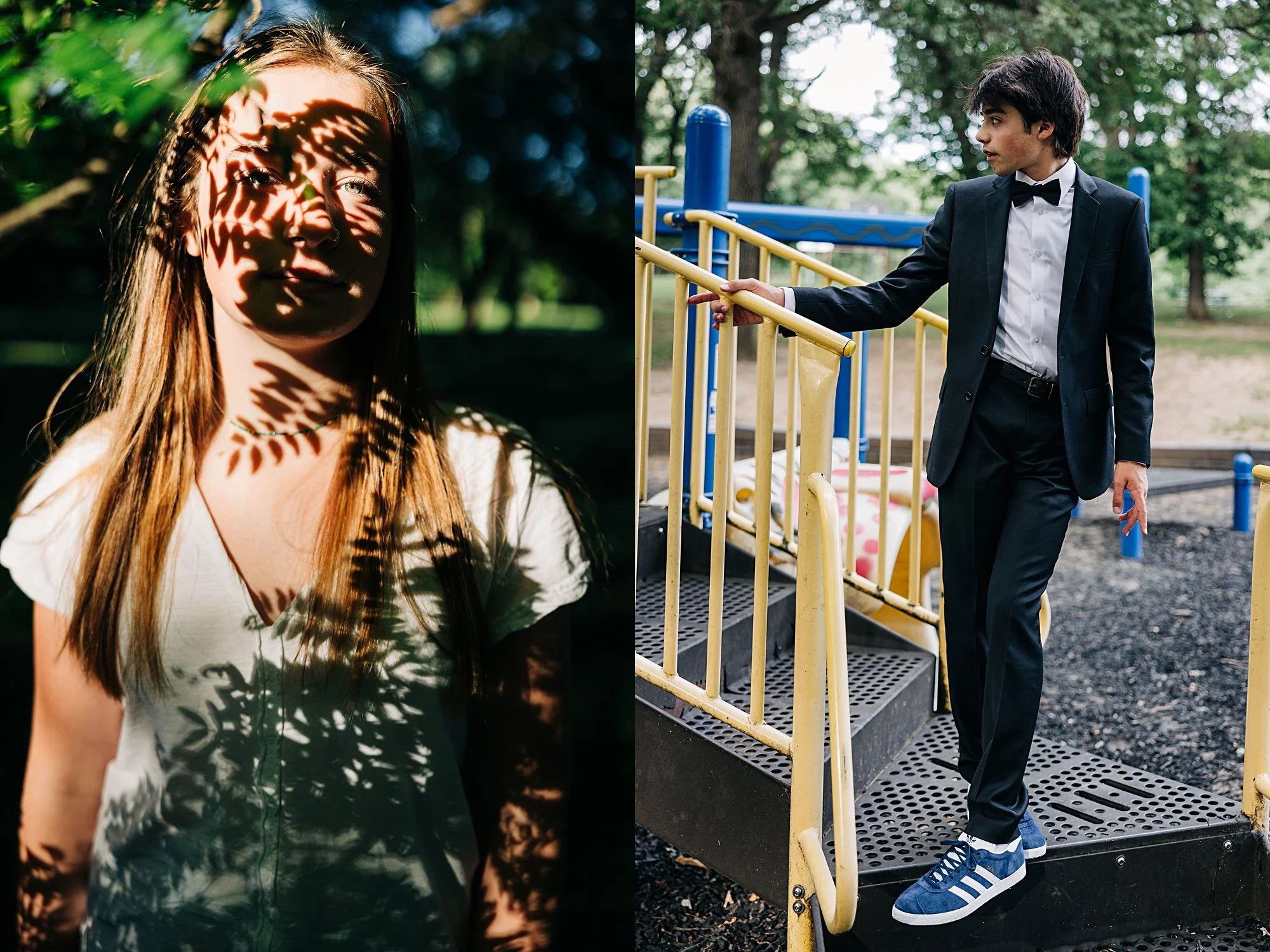 A young woman with long red hair standing outside in greenery, her face partially shadowed by patterned leaves, creating a dappled light effect. A young man in a tuxedo and sneakers standing on a playground structure, holding a yellow railing, with t