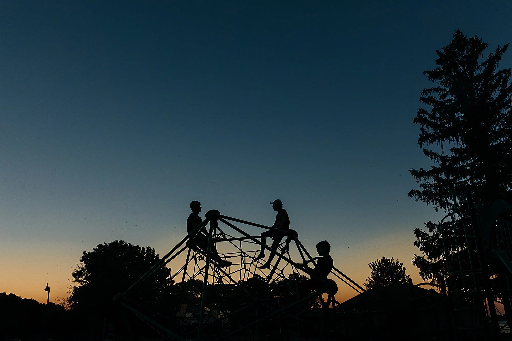 Silhouettes of children playing on a jungle gym during sunset with trees in the background.