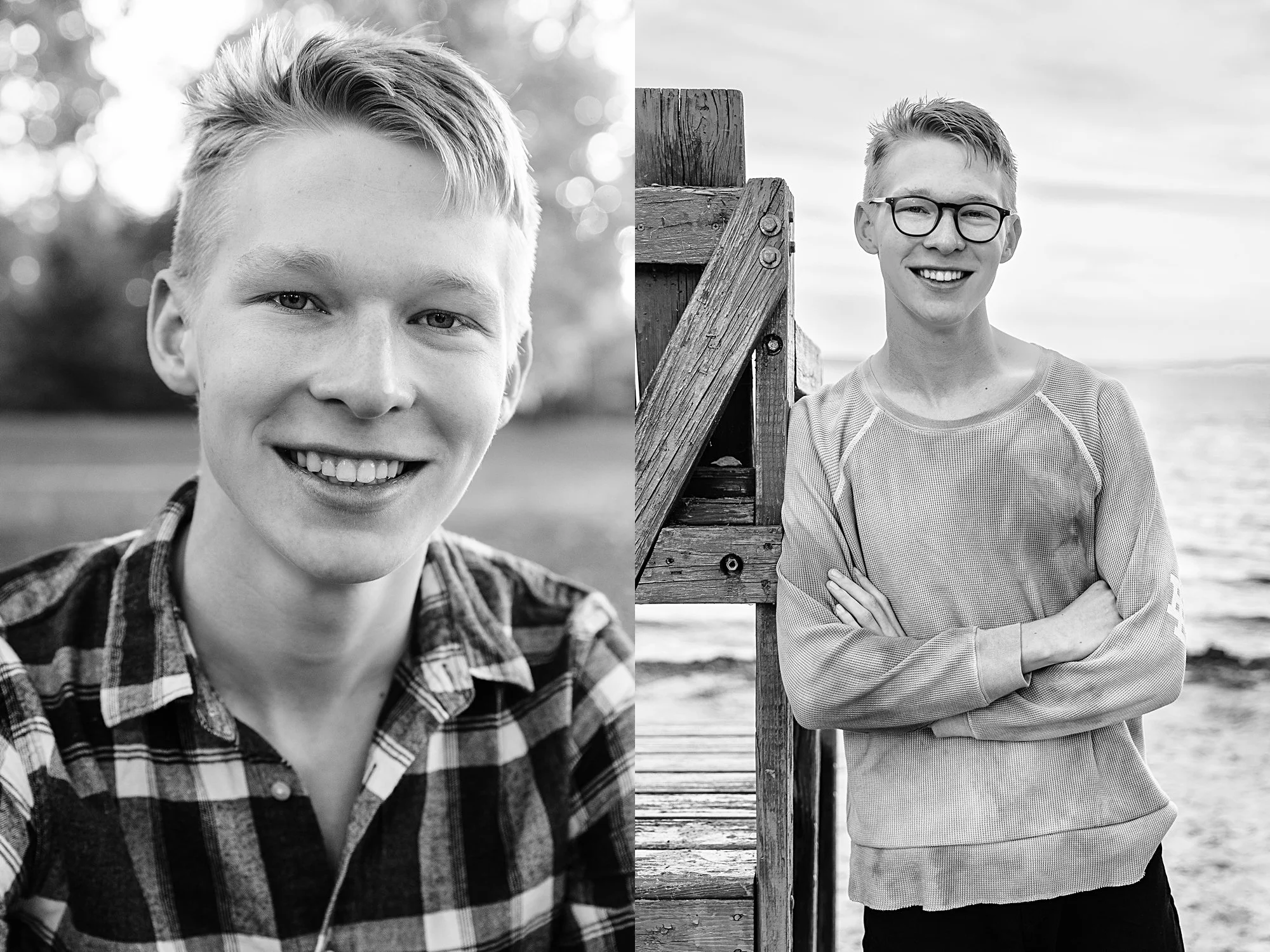 Two black-and-white photos of the same young man, smiling with crossed arms and wearing glasses, outdoors near a body of water, with different backgrounds.