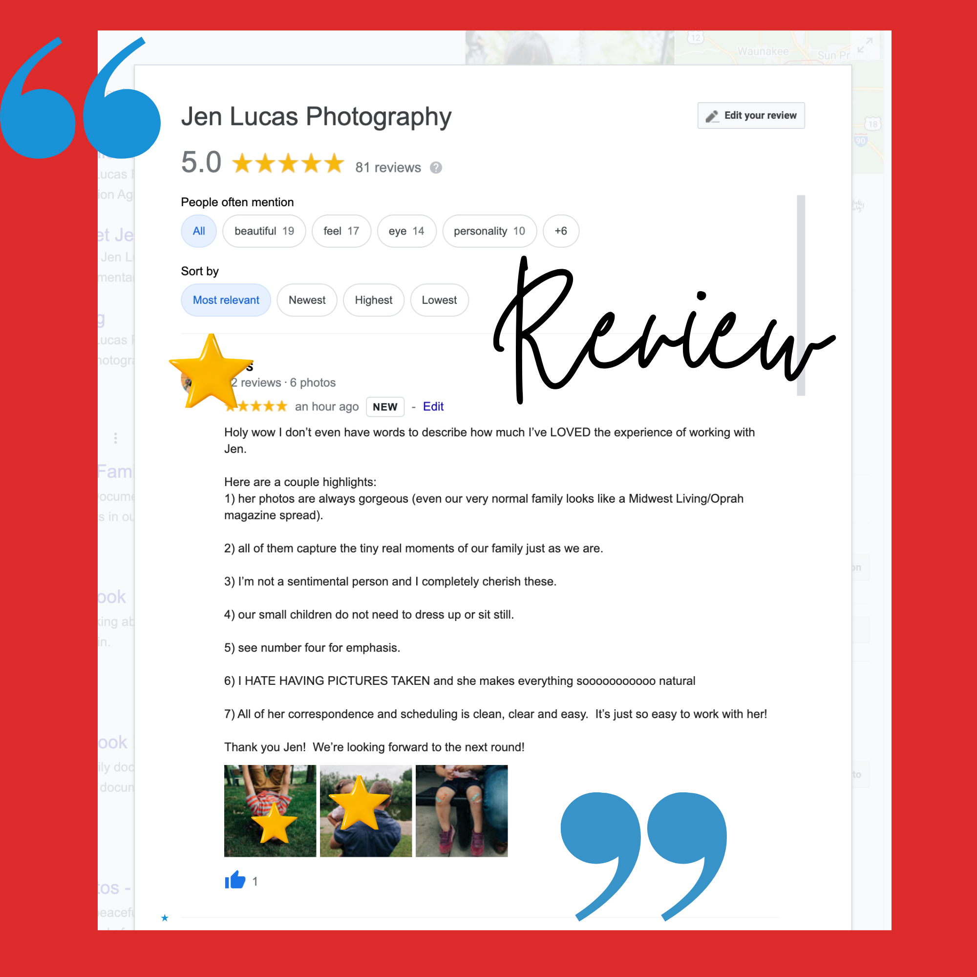 Screenshot of a positive review for Jen Lucas Photography, including five-star rating, review text praising the experience, and three small family photos with star icons.