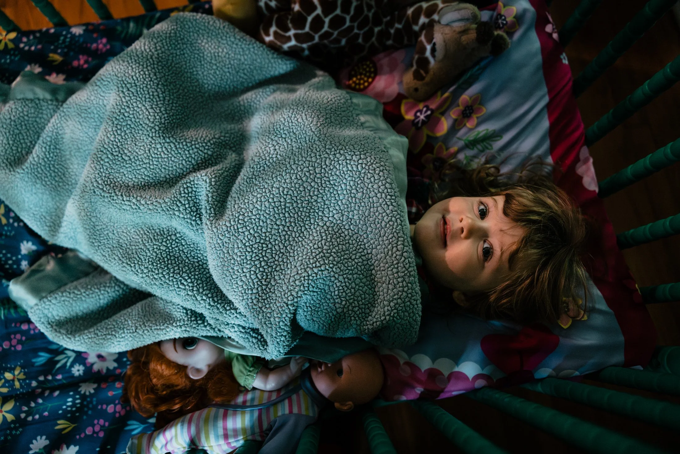 A young girl with brown hair lying in bed with a doll and stuffed giraffe, covered with a teal fleece blanket, smiling at the camera.