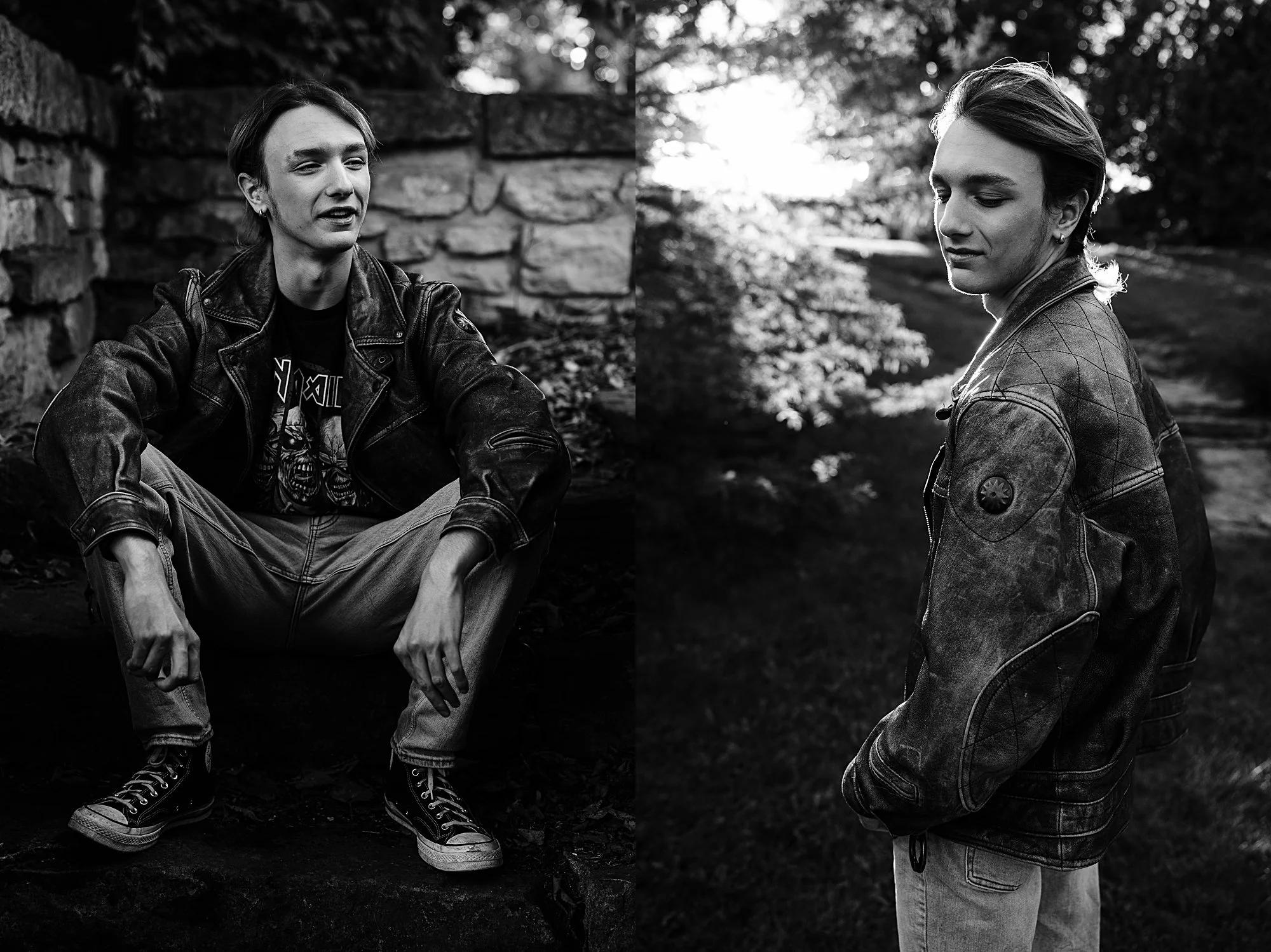 Two young men wearing denim jackets outdoors in black and white. One is sitting on a stone ledge, and the other is standing with his eyes closed, surrounded by trees and natural scenery.