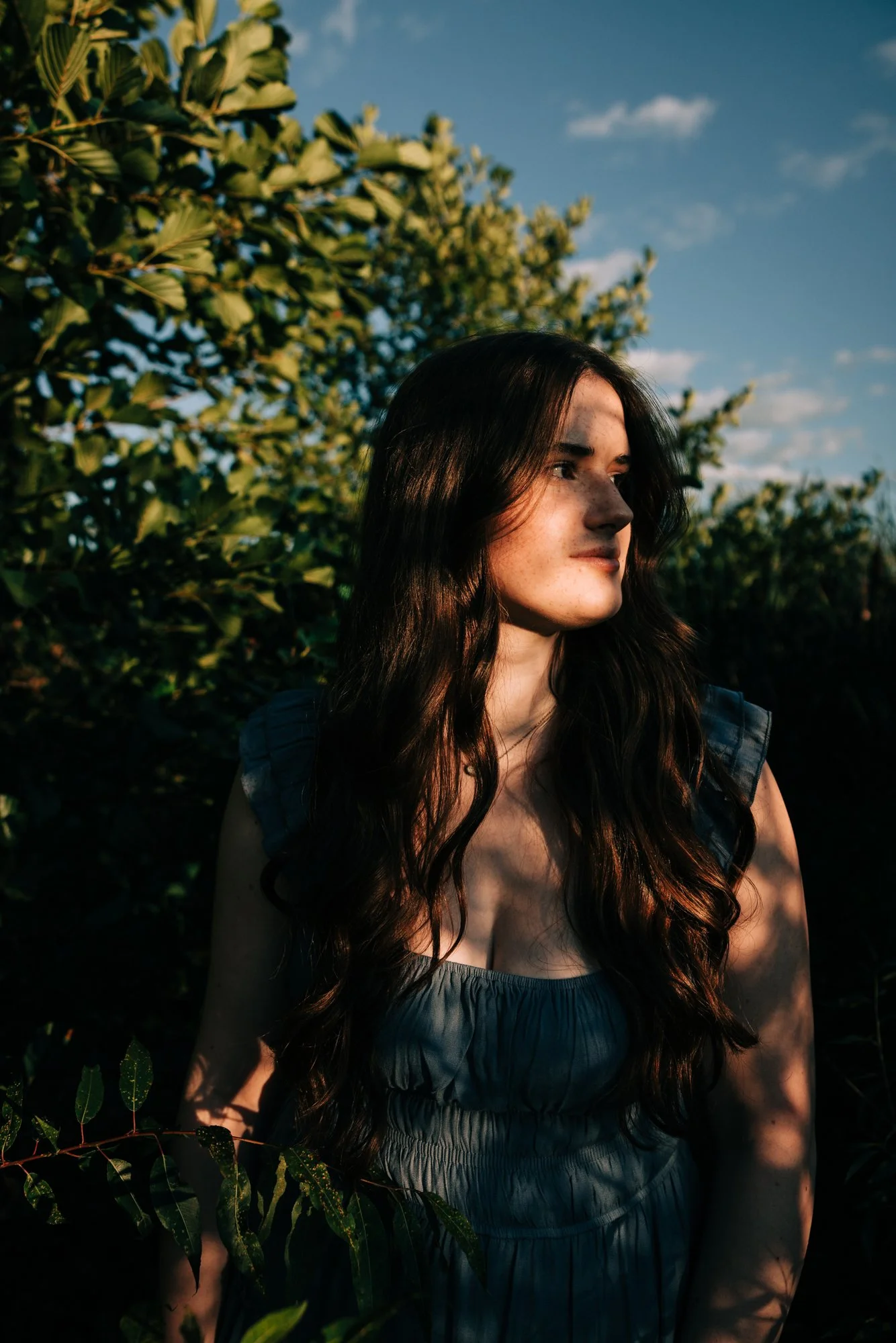 A woman with long dark hair gazing to the side outdoors during late afternoon, with sunlight casting shadows on her face and a backdrop of green foliage and a blue sky with clouds.