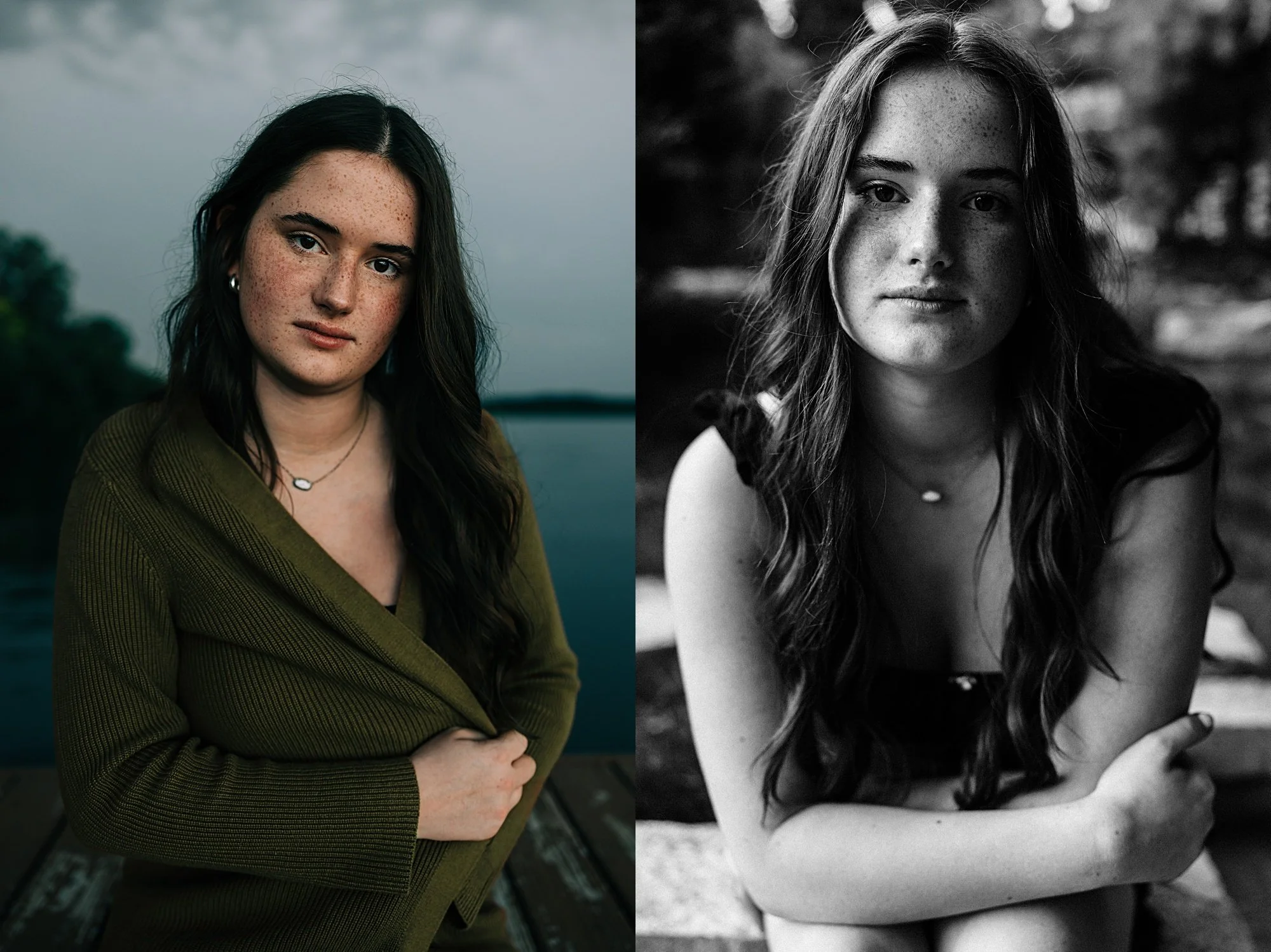 Side-by-side portrait of a young woman, left in color and right in black and white. The woman has long, wavy hair and freckles, and is wearing a necklace.