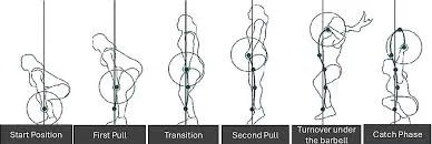 Sequential drawing stages of a person performing a pull-up exercise, labeled as Start Position, First Pull, Transition, Second Pull, Turnover under the barbell, and Catch Phase.