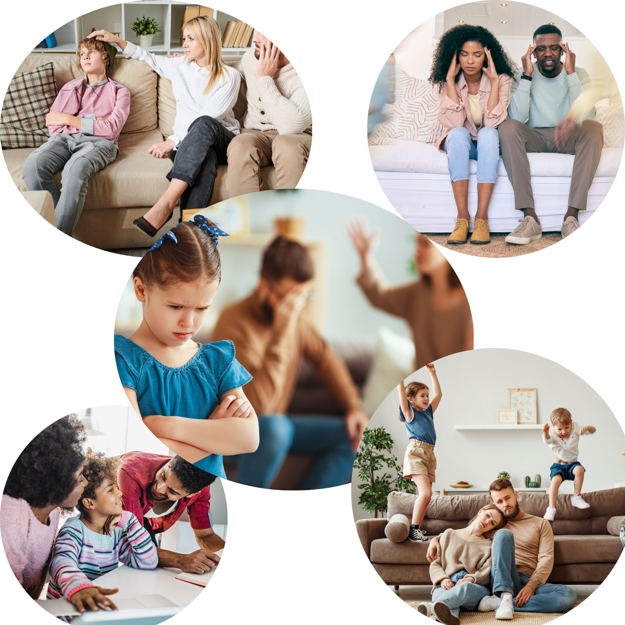 Pictures of children misbehaving and overwhelmed parents