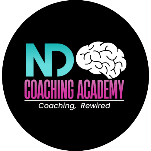 NEuroCoaching Academy Logo in Teal, White and Fuchsia with a Fuchsia Orange and Teal Brain